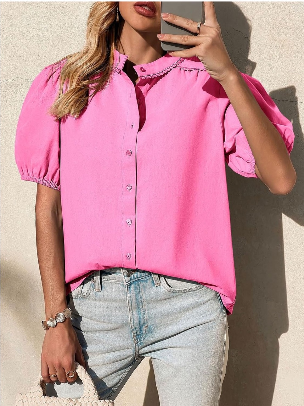 NWOT Womens Puff Sleeve Button Down Shirts Cotton Pleated Loose Fit Top Summer L